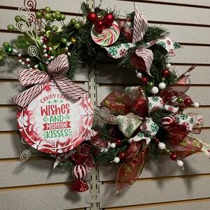 Christmas Wreath Candy Cane Wishes Mistletoe Kisses Holiday Decor Home ‎ 14 in